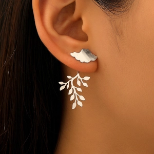 Silver leaf and cloud stud earrings displayed as a creative 3D side-hanging design