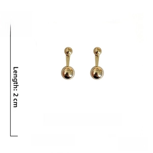 Detailed view of dual-ball gold geometric earrings with dimensions and material specs