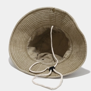 Khaki cotton canvas sun hat with wide brim, embroidery detail and adjustable wind strap