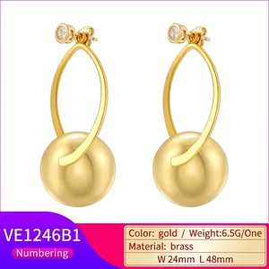 Modern minimalist 18K gold plated brass ball drop earrings with geometric metal curve