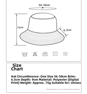 Detailed size chart for hip-hop bucket hat showing 56-58cm head circumference