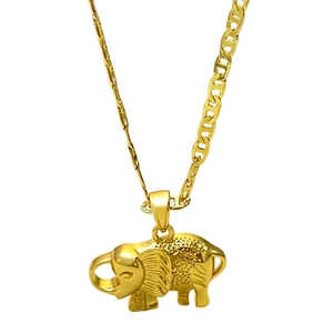 Luxurious gold elephant pendant necklace with textured carving on a flat link chain