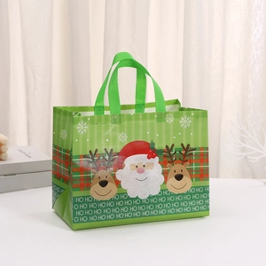 Green Christmas non-woven gift bag with Santa Claus and reindeer print for holiday shopping