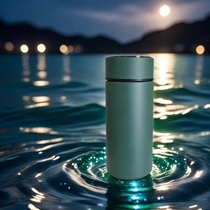 Sleek green 316 stainless steel vacuum flask floating on water with night mountain view