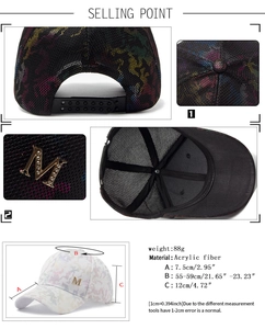 Detailed views of mesh baseball cap showing metal M logo and adjustable closure buckle