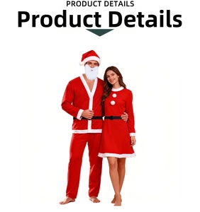 Detail view of a 5-piece Santa Claus costume set featuring soft red velvet and white trim