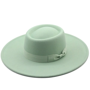 Chapeau canotier en laine vert menthe à large bord avec ruban à nœud assorti