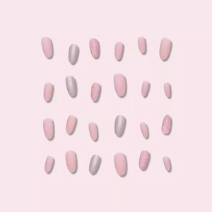 Matte pink and silver glitter oval press-on nails with elegant lace floral embossed design