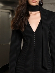Detail eines Nadelstreifen-Kleides mit V-Ausschnitt, passendem Choker und Metallverschluss