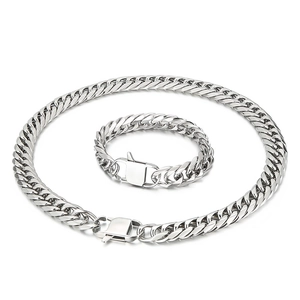 Polished titanium steel Cuban link chain necklace and bracelet set with square box clasp