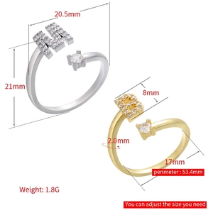 Adjustable micro-pave zircon letter rings in gold and silver finish with size specs