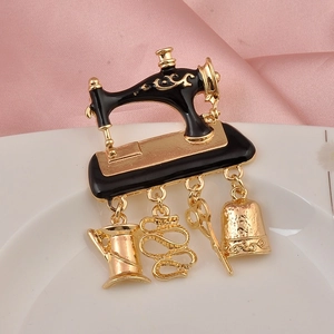 Retro black sewing machine brooch with gold sewing tool charms for women coats