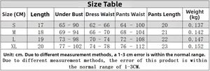 Detailed size chart for women's 3-piece plaid skirt set with measurements in cm and kg