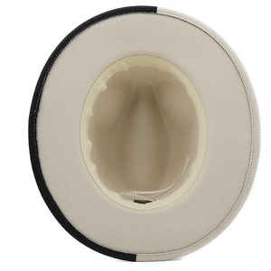 Top view of bicolor fedora hat with adjustable drawstring and interior texture detail