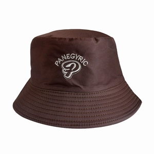 Close-up of Panegyric embroidery on a brown cotton reversible bucket hat for sun protection