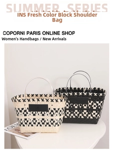 Detail of hand-woven straw basket bag with checkerboard pattern and transparent round handles