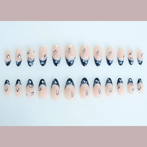 24pcs almond press-on nails with blue French tips and white floral patterns
