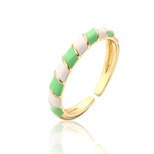 Bohemian gold-plated open ring with green and white enamel geometric pattern in white background