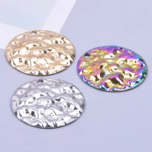 Textured geometric stainless steel circular pendants in gold silver and rainbow plating