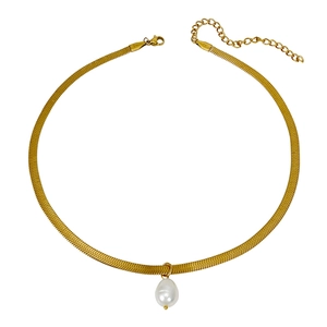 Minimalist gold snake chain necklace with a natural freshwater pearl pendant for women