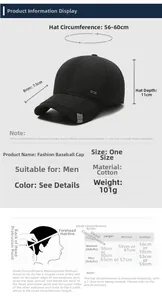 Size guide for men's winter cotton baseball cap with measurements and head circumference chart