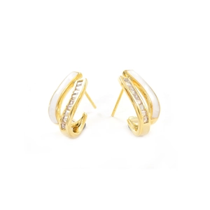 Double-layer C-shaped gold earrings with rectangular cubic zirconia and white enamel