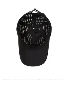 Macro view of breathable mesh inner lining on black quick-dry sport baseball cap