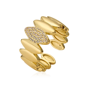 18K gold plated geometric leaf ring with pavé zircon accents on a white background