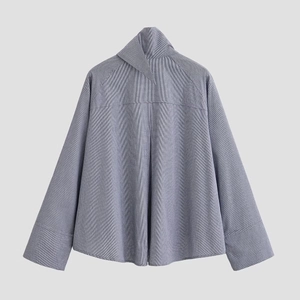 Relaxed fit blue and white striped long sleeve shirt shown from a back flat lay view