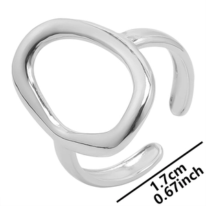 Detailed view of adjustable silver open ring showing internal diameter of 1.7cm or 0.67inch