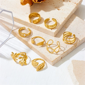 Golden stackable titanium steel open rings with leaf and geometric designs for women