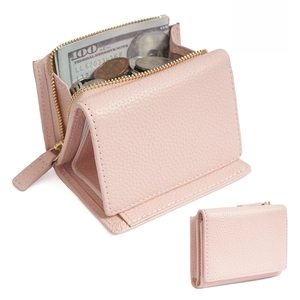 Pink pebbled leather trifold wallet with RFID blocking and multiple card slots