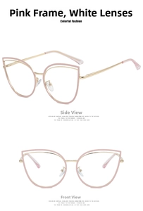 Detail view of pink and gold cat-eye metal frame glasses from front and side angles