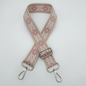 Detail of 3.8cm pink diamond jacquard woven strap with silver swivel metal buckles