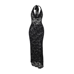 Elegant black lace halter maxi dress with backless tie design for a sexy evening look