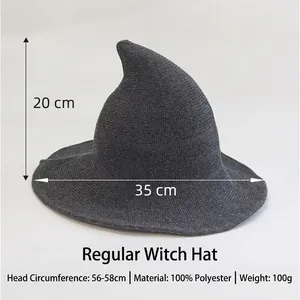 Foldable dark grey knitted wizard hat for Halloween with dimension specs and textures