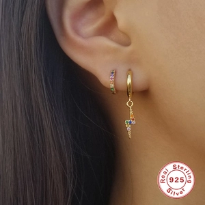 S925 sterling silver hoop earrings set with rainbow zircon and lighting bolt pendant