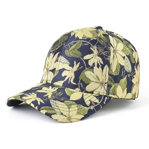 Floral baseball cap in navy blue featuring vintage botanical patterns for outdoor sun protection