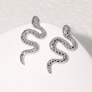 Pair of silver snake-shaped stainless steel stud earrings in minimalist punk style