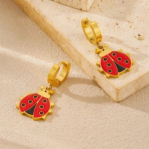 Fashion gold plated hoop earrings with red and black enamel ladybug insect pendants