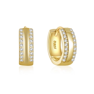 Macro detail of S925 sterling silver gold earrings with double-row zirconia and S925 hallmark