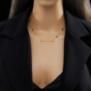 Minimalist gold titanium eye necklace with round zircon pendants on neck model