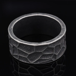Vintage punk style stainless steel ring with irregular cell texture and antique finish