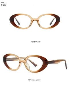Front and 45-degree angle views of tea-colored oval sunglasses with thick amber frames