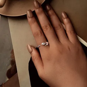 Romantic tulip open ring in S925 sterling silver with adjustable flower and leaf design