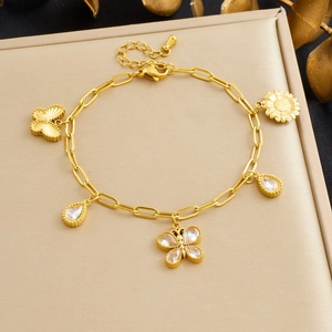 Butterfly Sunflower Teardrop Zircon Stainless Steel Gold Plated Paperclip Chain Pendant Bracelet Jewelry For Women Elegant