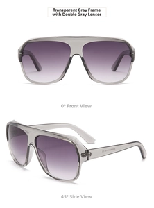 Detailed front and side views of oversized pilot sunglasses with grey gradient lenses
