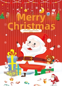 Detail of Christmas window stickers featuring Santa, trees and festive cartoon animals