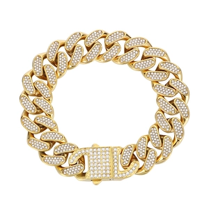 Hip hop style gold plated iced out cuban link bracelet with sparkling rhinestones