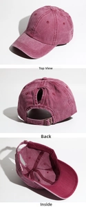Detail view of washed burgundy ponytail baseball cap showing rear opening and metal buckle